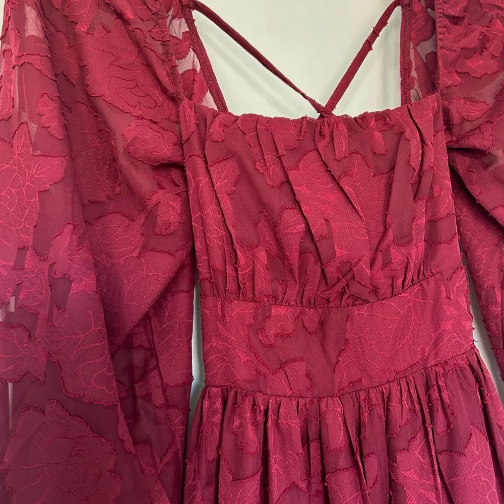 Lulus Burgundy Floral Long Sleeve Lace-Up Back Midi Dress - Picture 7 of 8